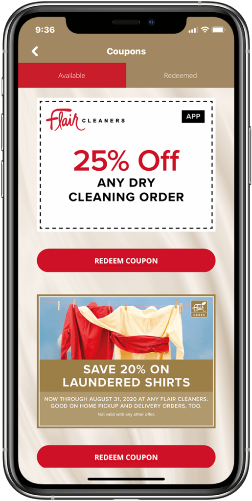 Flair Cleaners Mobile App Coupons Screen