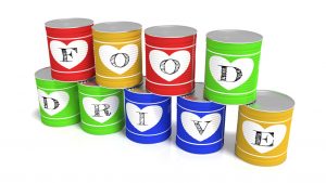 Nine stacked tin cans in different colors charity concept